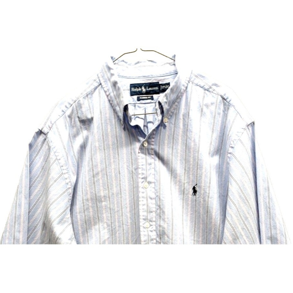 Ralph Lauren Mens XL Custom Fit Blue w Pink Striped Button Down Long Sleeve Pony
